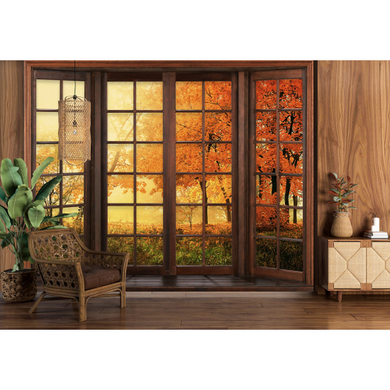 Optical Illusion Panoramic Wood Window Wall Mural / Wallpaper - Autumn