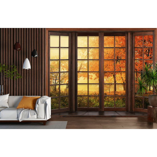 Optical Illusion Panoramic Wood Window Wall Mural / Wallpaper - Autumn