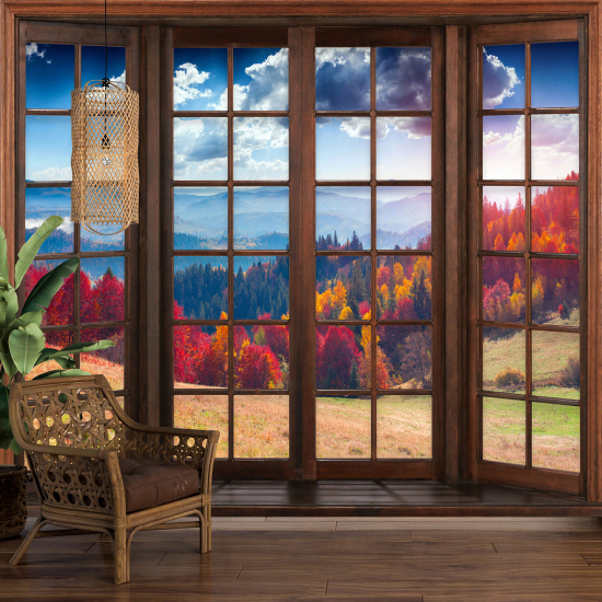 Optical Illusion Panoramic Wood Window Wall Mural / Wallpaper - Autumn Forest