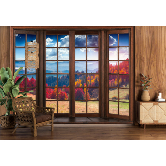 Optical Illusion Panoramic Wood Window Wall Mural / Wallpaper - Autumn Forest