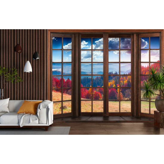 Optical Illusion Panoramic Wood Window Wall Mural / Wallpaper - Autumn Forest