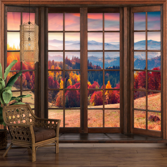 Optical Illusion Panoramic Wood Window Wall Mural / Wallpaper - Autumn Forest