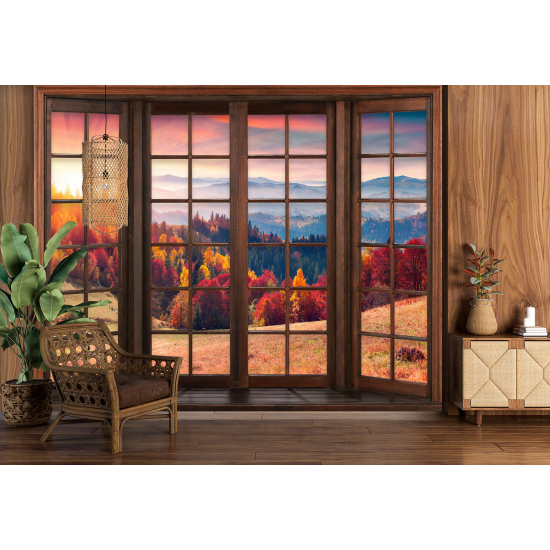 Optical Illusion Panoramic Wood Window Wall Mural / Wallpaper - Autumn Forest