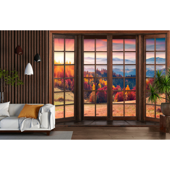 Optical Illusion Panoramic Wood Window Wall Mural / Wallpaper - Autumn Forest