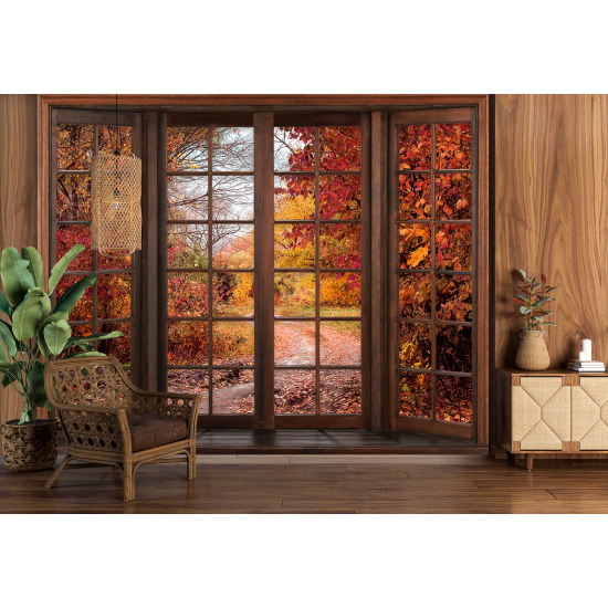 Optical Illusion Panoramic Wood Window Wall Mural / Wallpaper - Autumn Path