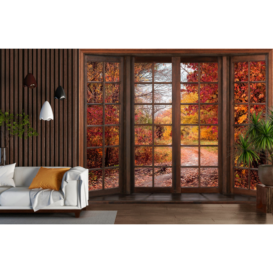 Optical Illusion Panoramic Wood Window Wall Mural / Wallpaper - Autumn Path