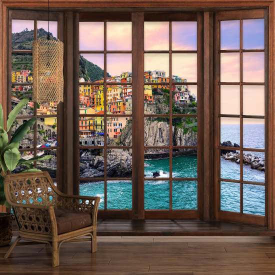 Optical Illusion Panoramic Wood Window Wall Mural / Wallpaper - Cinque Terre