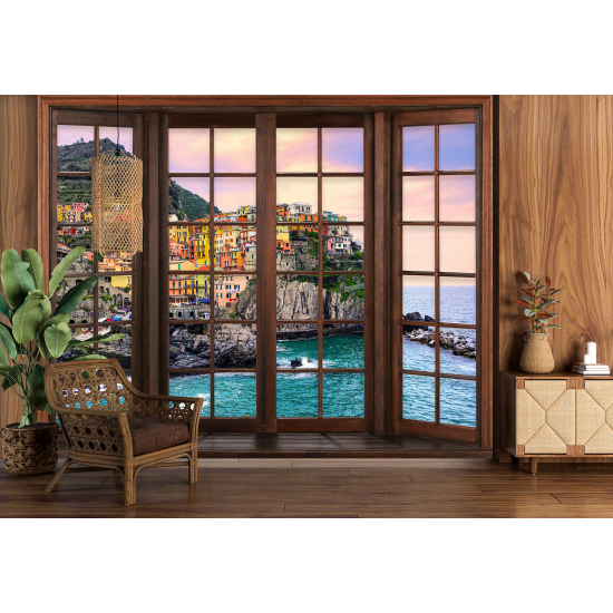 Optical Illusion Panoramic Wood Window Wall Mural / Wallpaper - Cinque Terre