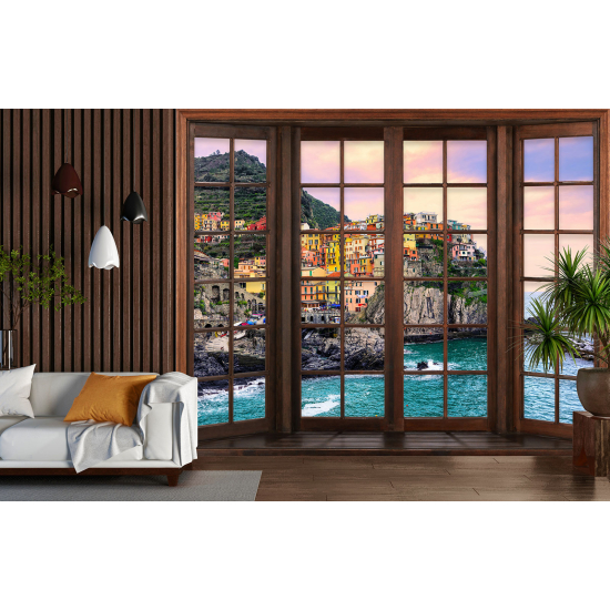 Optical Illusion Panoramic Wood Window Wall Mural / Wallpaper - Cinque Terre