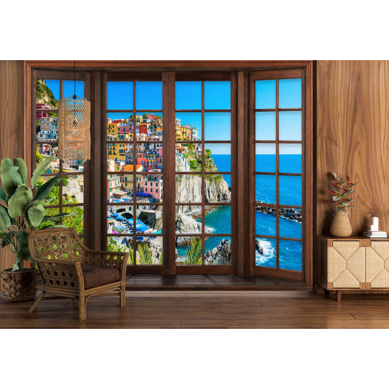 Optical Illusion Panoramic Wood Window Wall Mural / Wallpaper - Cinque Terre