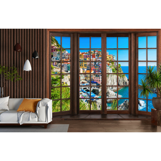 Optical Illusion Panoramic Wood Window Wall Mural / Wallpaper - Cinque Terre