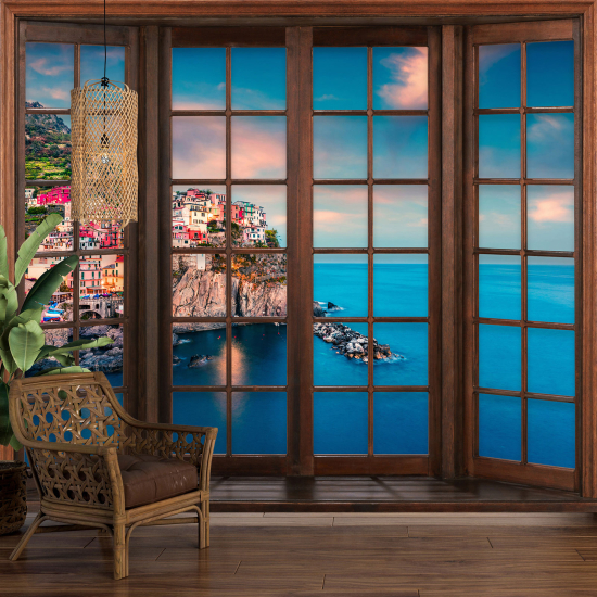 Optical Illusion Panoramic Wood Window Wall Mural / Wallpaper - Cinque Terre