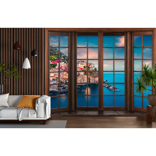 Optical Illusion Panoramic Wood Window Wall Mural / Wallpaper - Cinque Terre