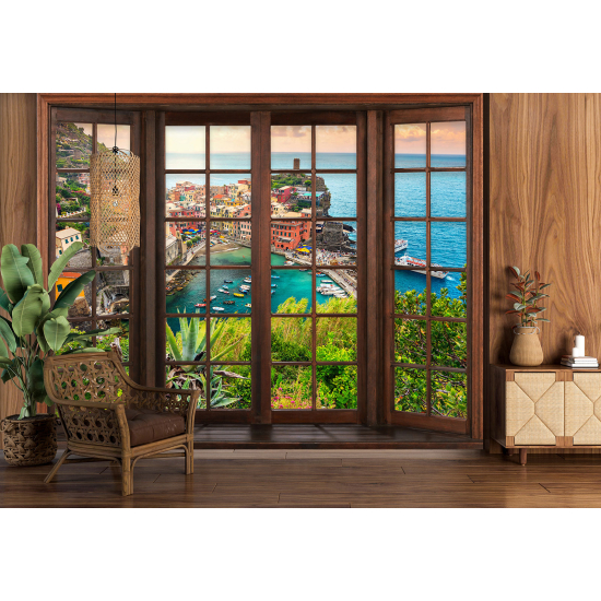 Optical Illusion Panoramic Wood Window Wall Mural / Wallpaper - City of Vernazza