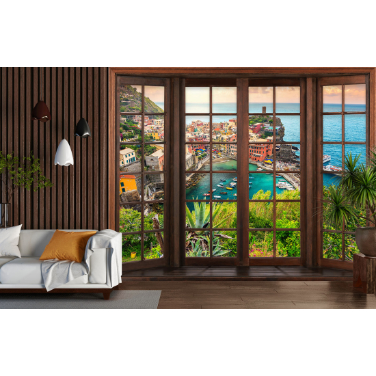 Optical Illusion Panoramic Wood Window Wall Mural / Wallpaper - City of Vernazza