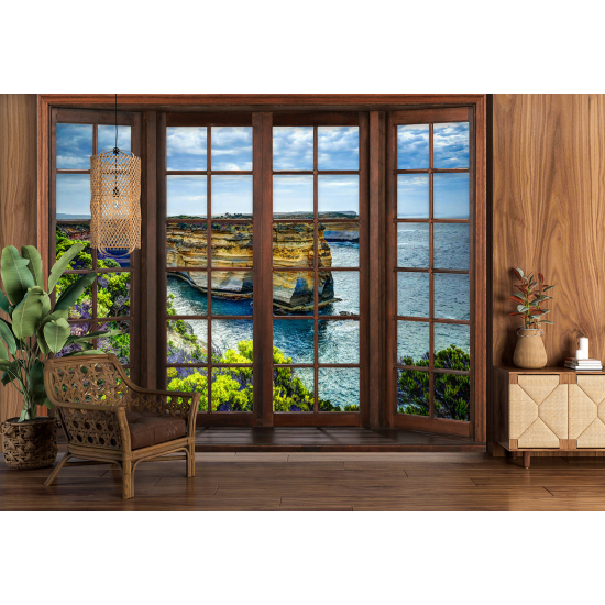 Optical Illusion Panoramic Wood Window Wall Mural / Wallpaper - Cliffs