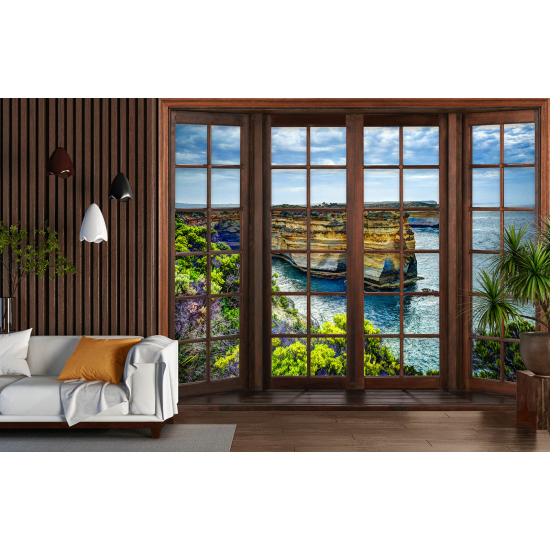 Optical Illusion Panoramic Wood Window Wall Mural / Wallpaper - Cliffs