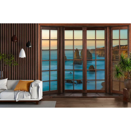 Optical Illusion Panoramic Wood Window Wall Mural / Wallpaper - Cliffs