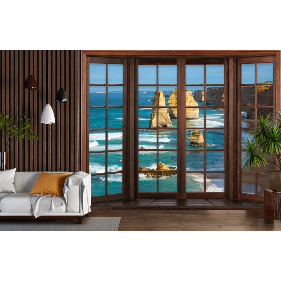 Optical Illusion Panoramic Wood Window Wall Mural / Wallpaper - Cliffs