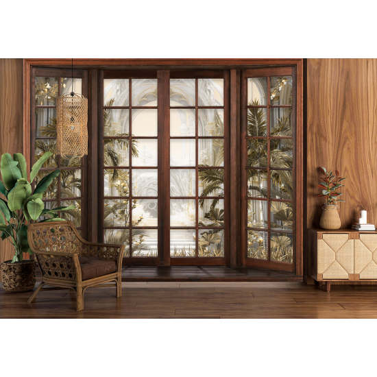 Optical Illusion Panoramic Wood Window Wall Mural / Wallpaper - Corridor Plants