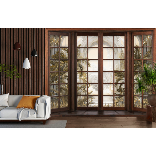 Optical Illusion Panoramic Wood Window Wall Mural / Wallpaper - Corridor Plants