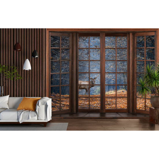 Optical Illusion Panoramic Wood Window Wall Mural / Wallpaper - Deer