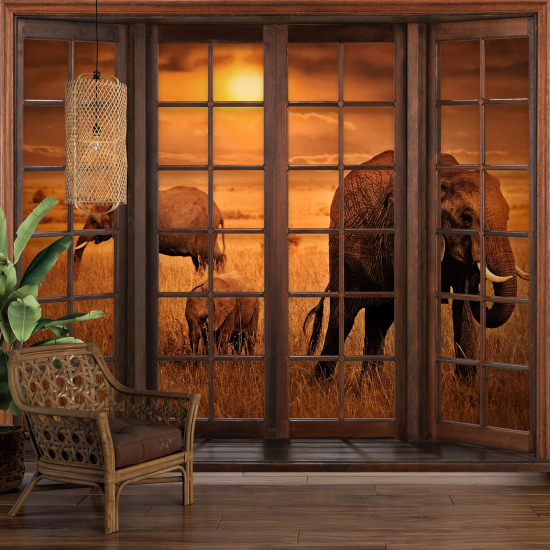 Optical Illusion Panoramic Wood Window Wall Mural / Wallpaper - Elephants