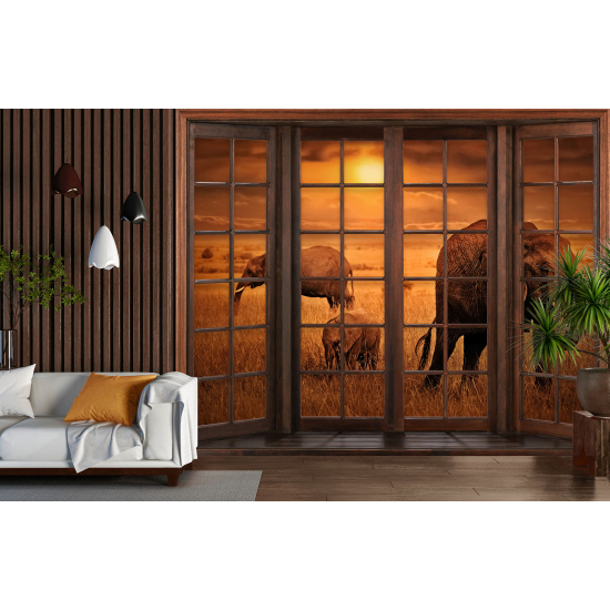 Optical Illusion Panoramic Wood Window Wall Mural / Wallpaper - Elephants