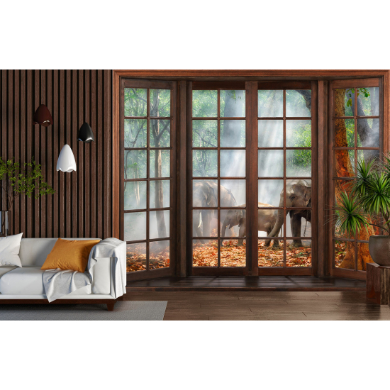 Optical Illusion Panoramic Wood Window Wall Mural / Wallpaper - Elephants