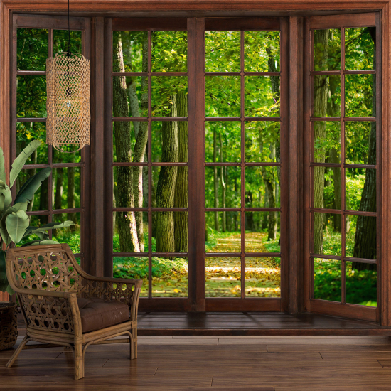 Optical Illusion Panoramic Wood Window Wall Mural / Wallpaper - Forest