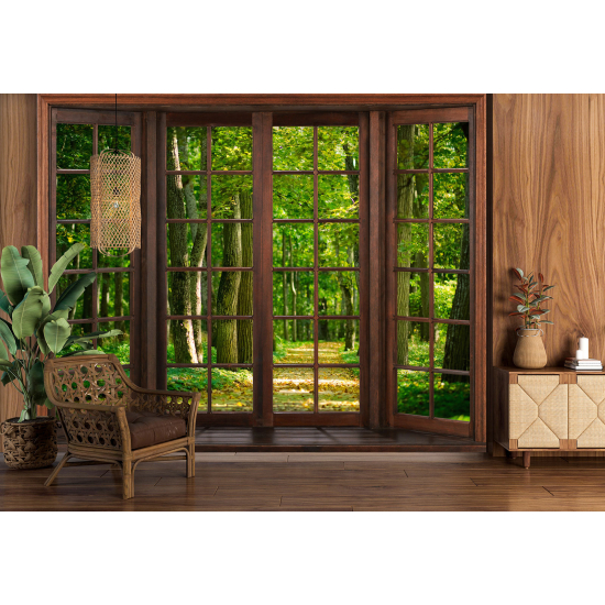 Optical Illusion Panoramic Wood Window Wall Mural / Wallpaper - Forest