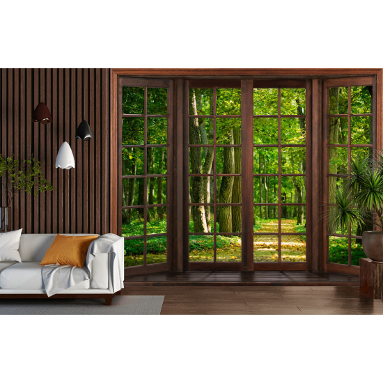 Optical Illusion Panoramic Wood Window Wall Mural / Wallpaper - Forest