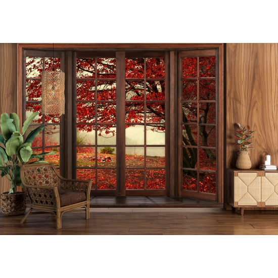 Optical Illusion Panoramic Wood Window Wall Mural / Wallpaper - Forest