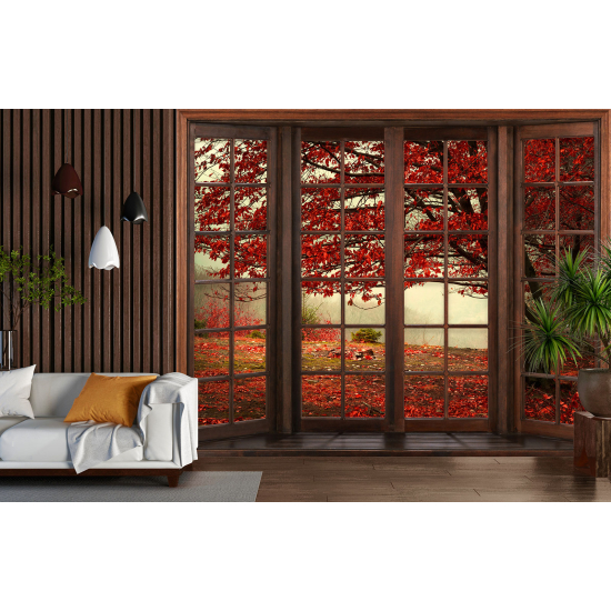 Optical Illusion Panoramic Wood Window Wall Mural / Wallpaper - Forest