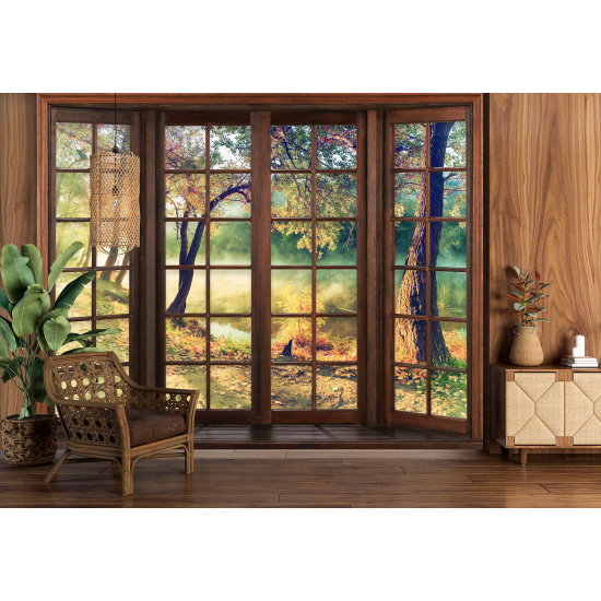 Optical Illusion Panoramic Wood Window Wall Mural / Wallpaper - Forest