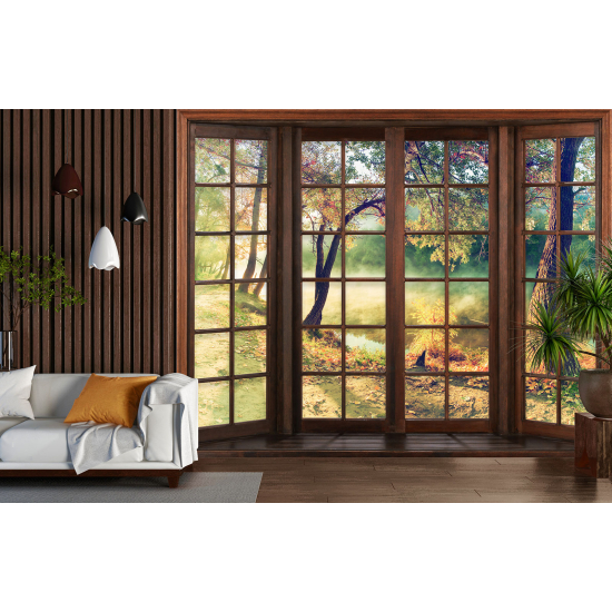 Optical Illusion Panoramic Wood Window Wall Mural / Wallpaper - Forest