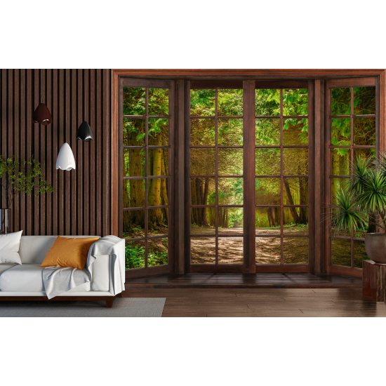 Optical Illusion Panoramic Wood Window Wall Mural / Wallpaper - Forest