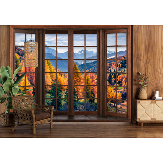 Optical Illusion Panoramic Wood Window Wall Mural / Wallpaper - Forest