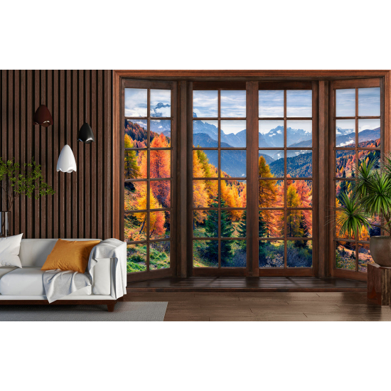 Optical Illusion Panoramic Wood Window Wall Mural / Wallpaper - Forest