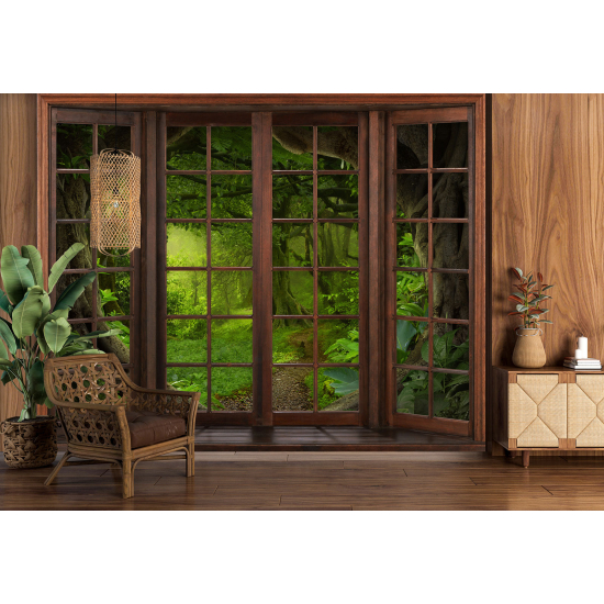 Optical Illusion Panoramic Wood Window Wall Mural / Wallpaper - Forest path