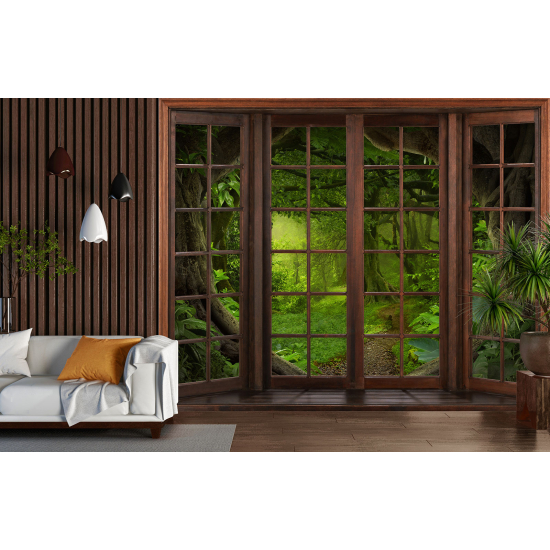 Optical Illusion Panoramic Wood Window Wall Mural / Wallpaper - Forest path