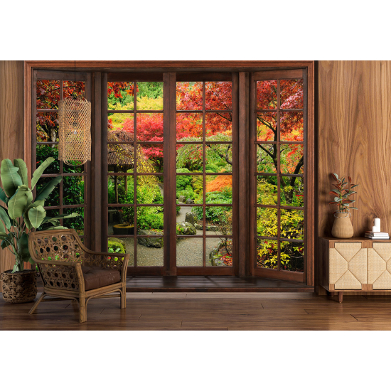 Optical Illusion Panoramic Wood Window Wall Mural / Wallpaper - Garden