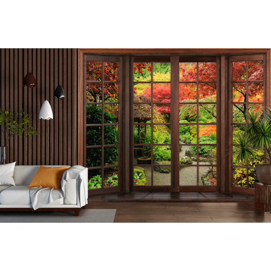 Optical Illusion Panoramic Wood Window Wall Mural / Wallpaper - Garden