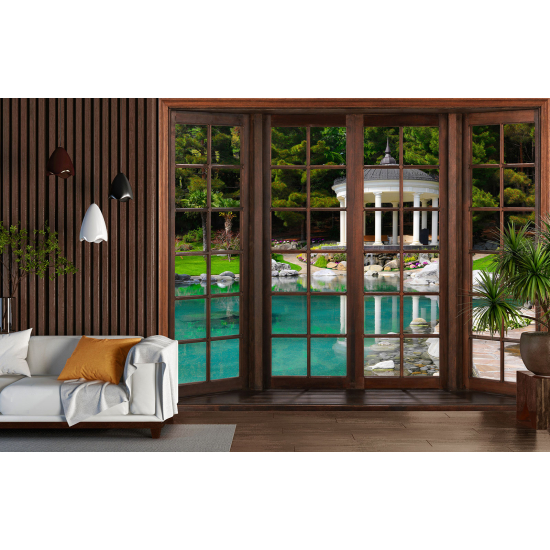 Optical Illusion Panoramic Wood Window Wall Mural / Wallpaper - Garden