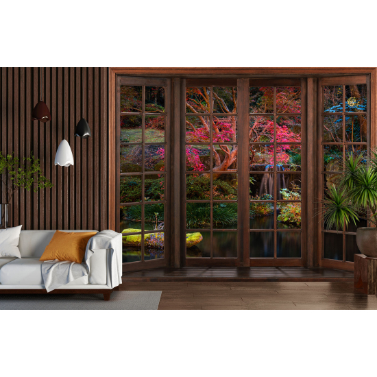 Optical Illusion Panoramic Wood Window Wall Mural / Wallpaper - Garden