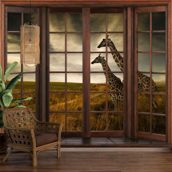 Optical Illusion Panoramic Wood Window Wall Mural / Wallpaper - Giraffes