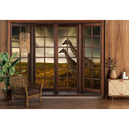 Optical Illusion Panoramic Wood Window Wall Mural / Wallpaper - Giraffes