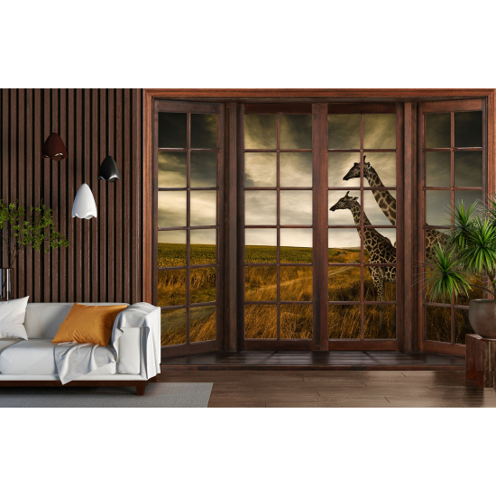 Optical Illusion Panoramic Wood Window Wall Mural / Wallpaper - Giraffes