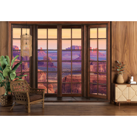 Optical Illusion Panoramic Wood Window Wall Mural / Wallpaper - Grand Canyon