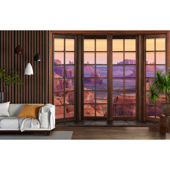 Optical Illusion Panoramic Wood Window Wall Mural / Wallpaper - Grand Canyon